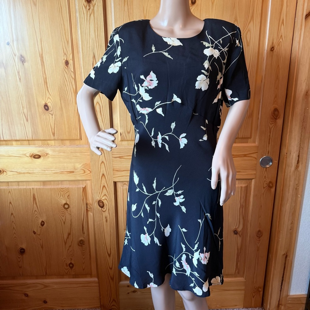 Vintage 80s 90s Casual Corner Petites Black Floral Dress 12P Babydoll Whimsigoth